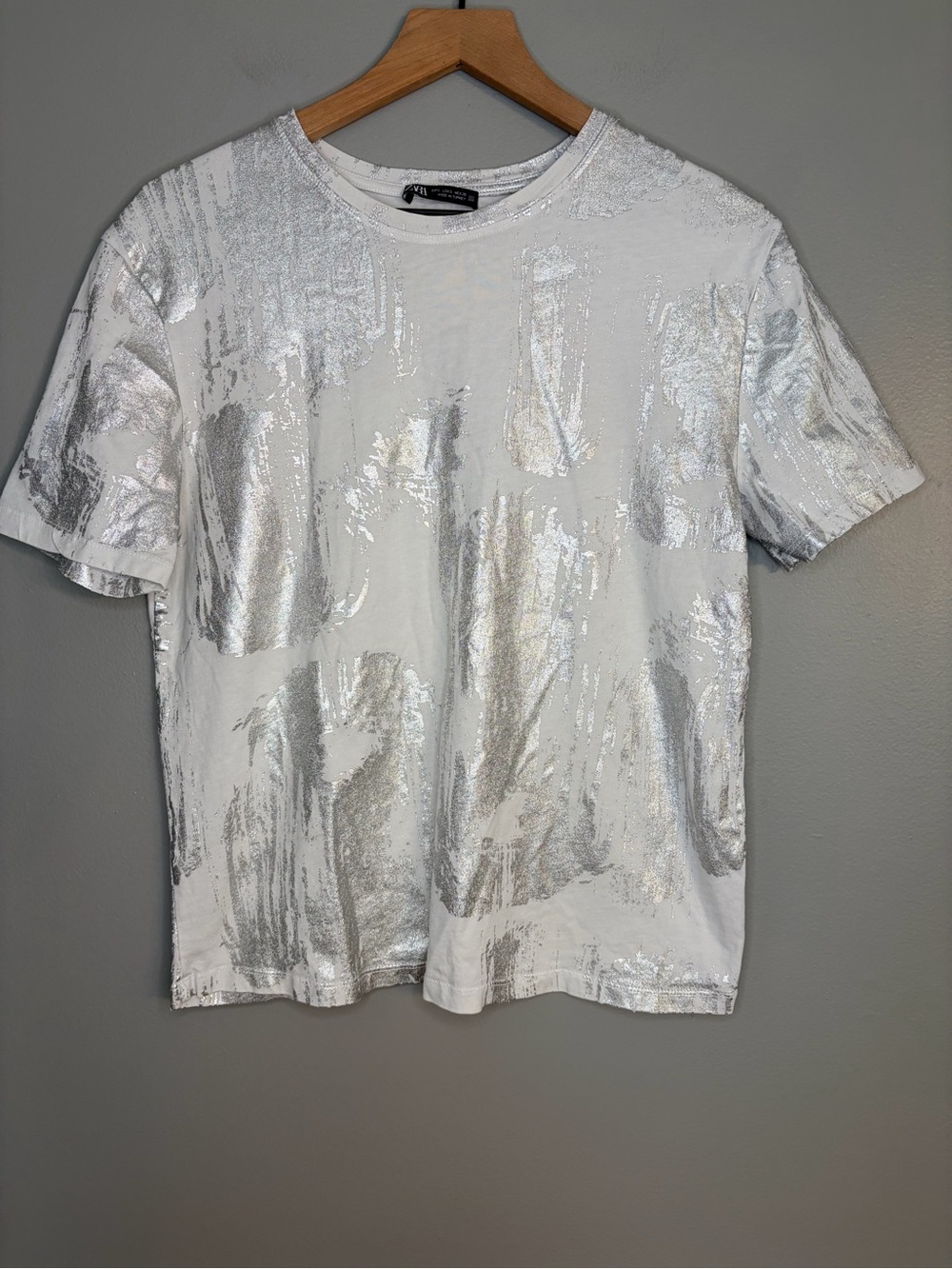 Zara Women’s White and Metallic Silver Foil T-Shirt, Size Small